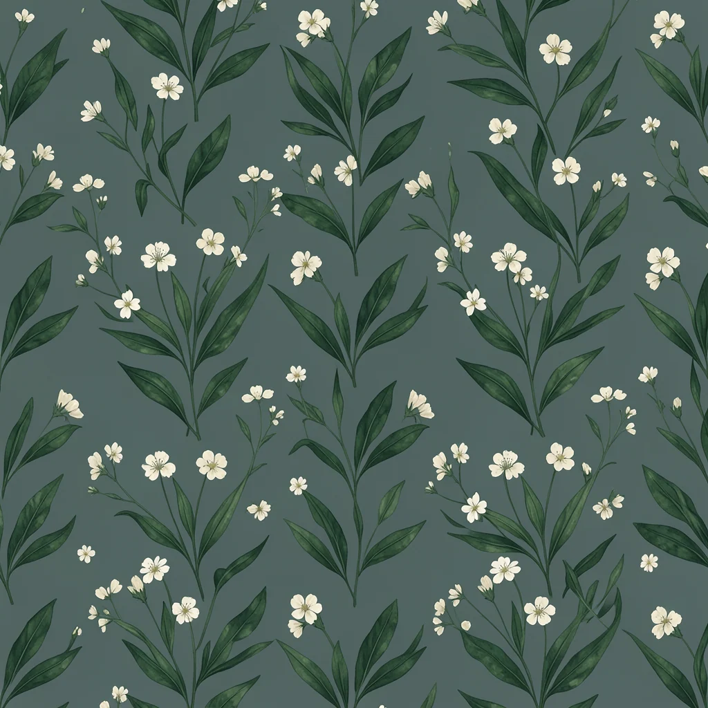 Project-generated tablecloth pattern candidate with airy dark green leaves and small ivory flowers