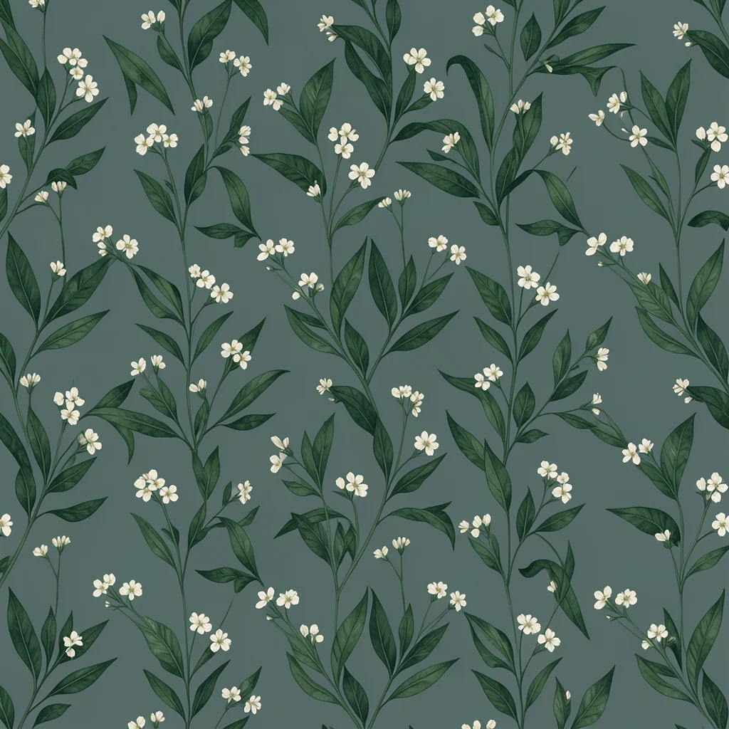 Project-generated tablecloth pattern candidate with dense green foliage and clusters of ivory flowers