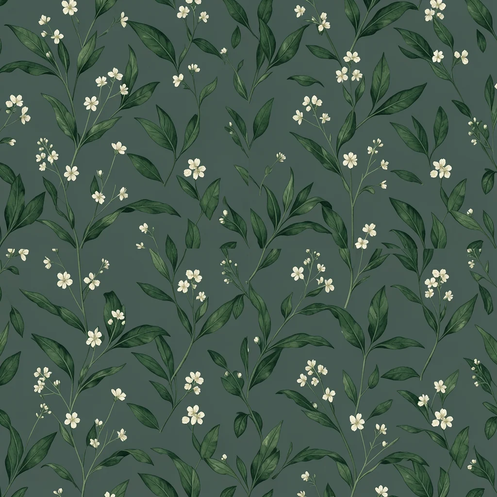 Project-generated tablecloth pattern candidate with loose green branches and scattered ivory wildflowers